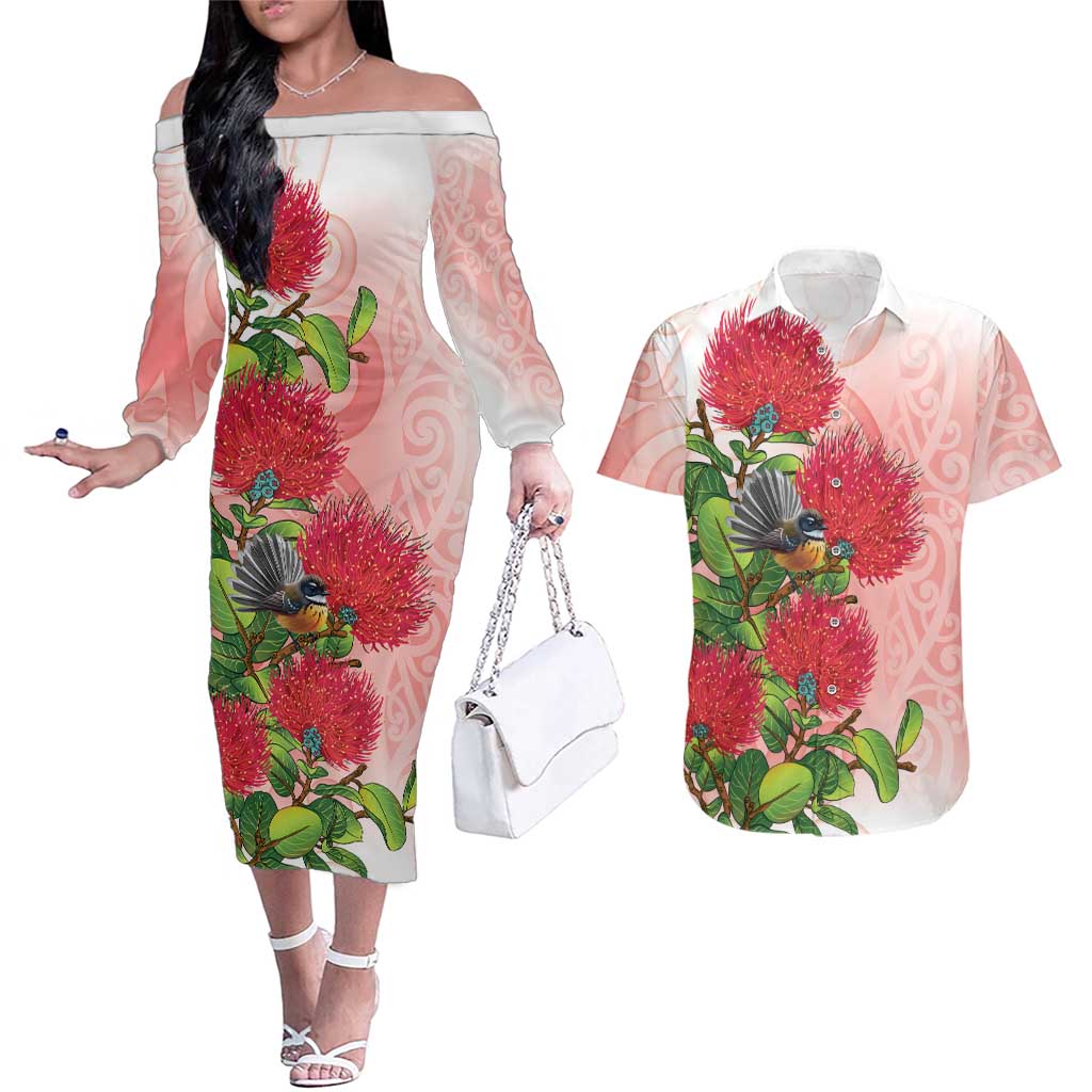 New Zealand Fantail Couples Matching Off The Shoulder Long Sleeve Dress and Hawaiian Shirt Maori Koru With Pohutukawa Flowers LT05 Red - Polynesian Pride