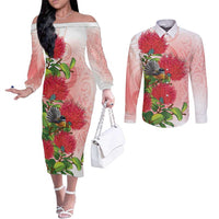 New Zealand Fantail Couples Matching Off The Shoulder Long Sleeve Dress and Long Sleeve Button Shirt Maori Koru With Pohutukawa Flowers - Polynesian Pride