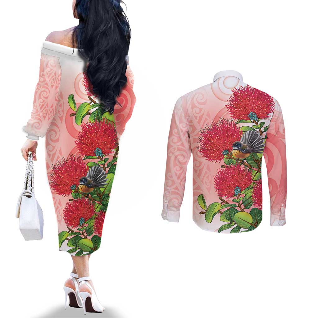 New Zealand Fantail Couples Matching Off The Shoulder Long Sleeve Dress and Long Sleeve Button Shirt Maori Koru With Pohutukawa Flowers - Polynesian Pride