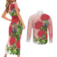 New Zealand Fantail Couples Matching Short Sleeve Bodycon Dress and Long Sleeve Button Shirt Maori Koru With Pohutukawa Flowers - Polynesian Pride
