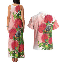 New Zealand Fantail Couples Matching Tank Maxi Dress and Hawaiian Shirt Maori Koru With Pohutukawa Flowers - Polynesian Pride