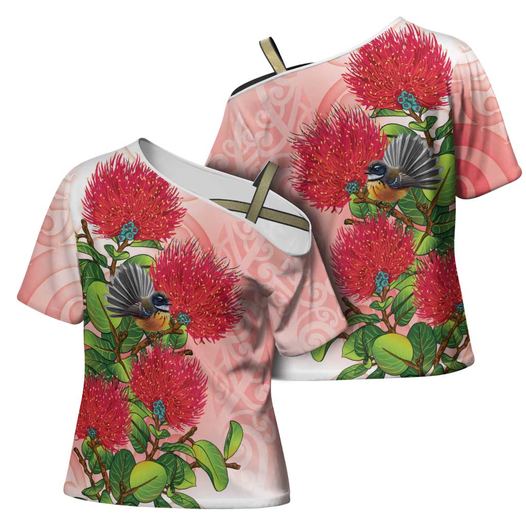 New Zealand Fantail Cross Shoulder Shirt Maori Koru With Pohutukawa Flowers - Polynesian Pride