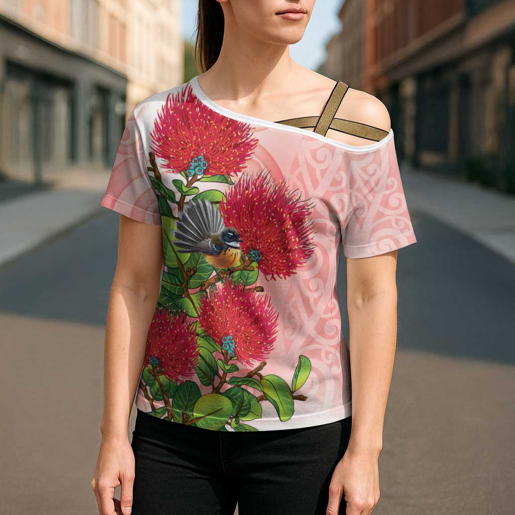 New Zealand Fantail Cross Shoulder Shirt Maori Koru With Pohutukawa Flowers - Polynesian Pride