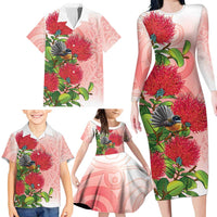 New Zealand Fantail Family Matching Long Sleeve Bodycon Dress and Hawaiian Shirt Maori Koru With Pohutukawa Flowers - Polynesian Pride