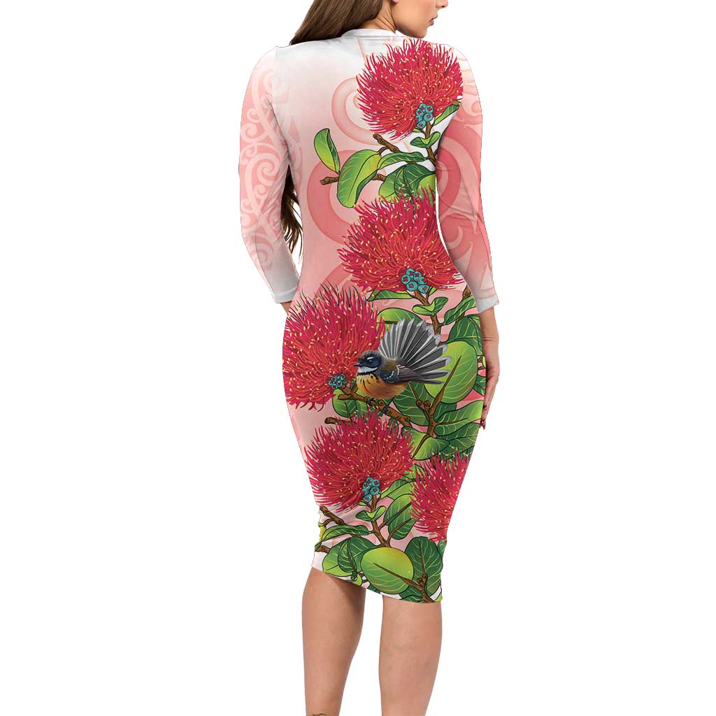 New Zealand Fantail Family Matching Long Sleeve Bodycon Dress and Hawaiian Shirt Maori Koru With Pohutukawa Flowers - Polynesian Pride
