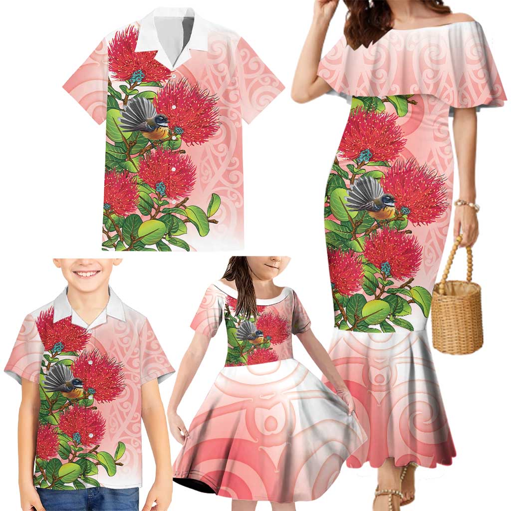 New Zealand Fantail Family Matching Mermaid Dress and Hawaiian Shirt Maori Koru With Pohutukawa Flowers - Polynesian Pride