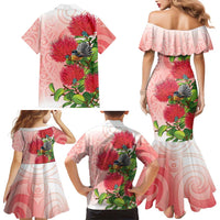 New Zealand Fantail Family Matching Mermaid Dress and Hawaiian Shirt Maori Koru With Pohutukawa Flowers - Polynesian Pride