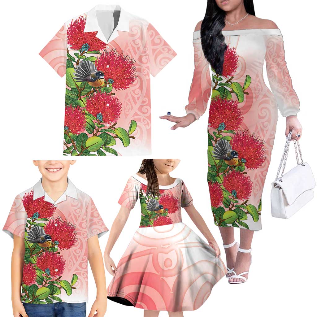 New Zealand Fantail Family Matching Off The Shoulder Long Sleeve Dress and Hawaiian Shirt Maori Koru With Pohutukawa Flowers - Polynesian Pride