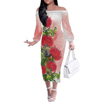 New Zealand Fantail Family Matching Off The Shoulder Long Sleeve Dress and Hawaiian Shirt Maori Koru With Pohutukawa Flowers - Polynesian Pride