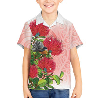 New Zealand Fantail Family Matching Off The Shoulder Long Sleeve Dress and Hawaiian Shirt Maori Koru With Pohutukawa Flowers - Polynesian Pride