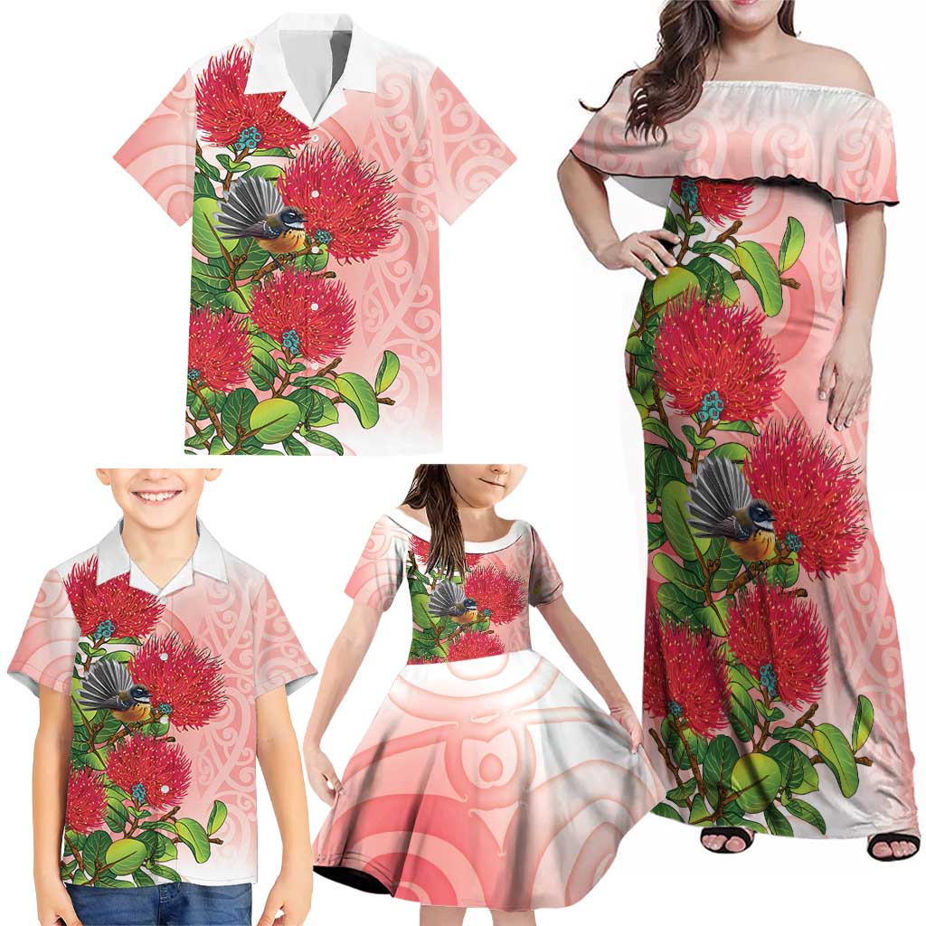 New Zealand Fantail Family Matching Off Shoulder Maxi Dress and Hawaiian Shirt Maori Koru With Pohutukawa Flowers - Polynesian Pride