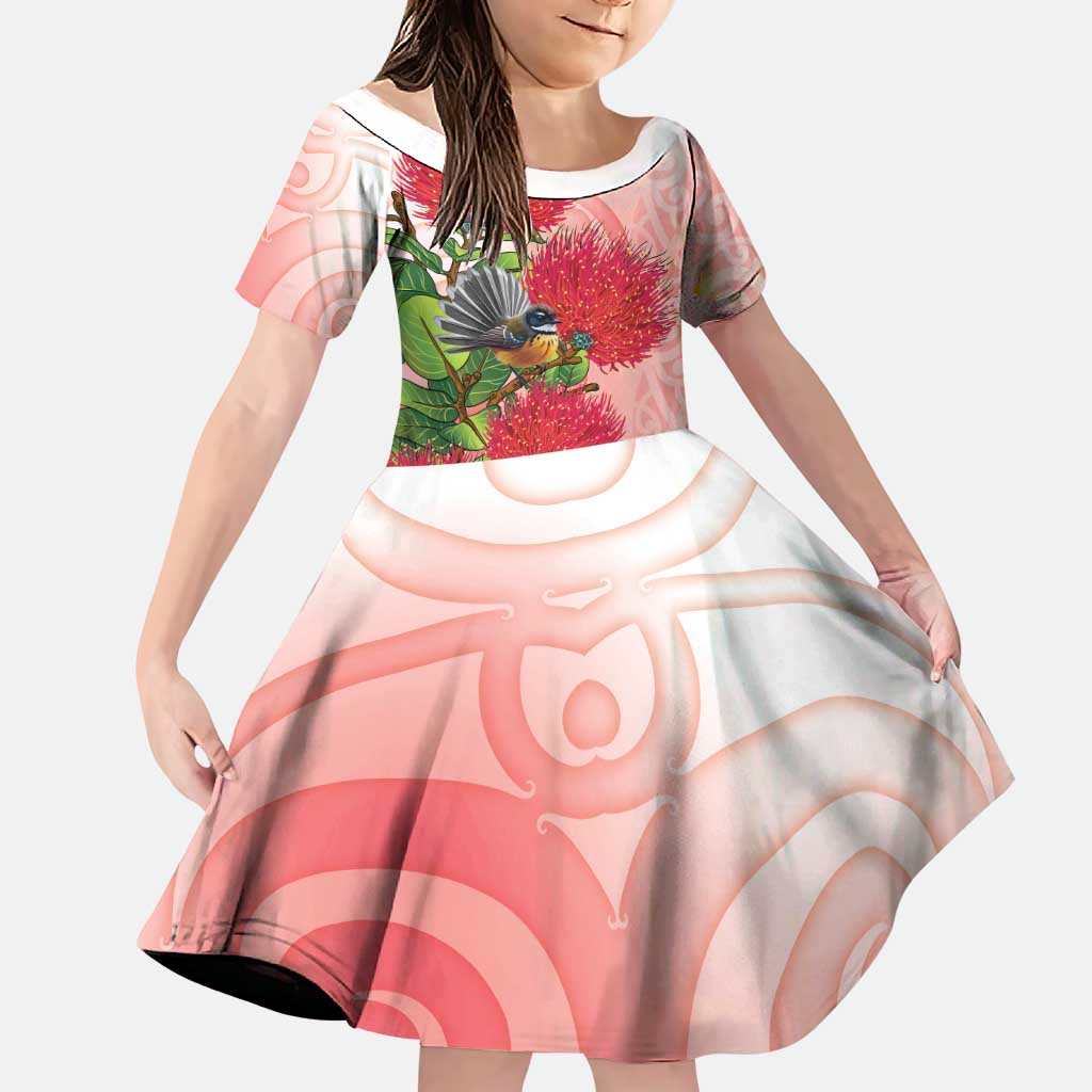 New Zealand Fantail Family Matching Off Shoulder Short Dress and Hawaiian Shirt Maori Koru With Pohutukawa Flowers