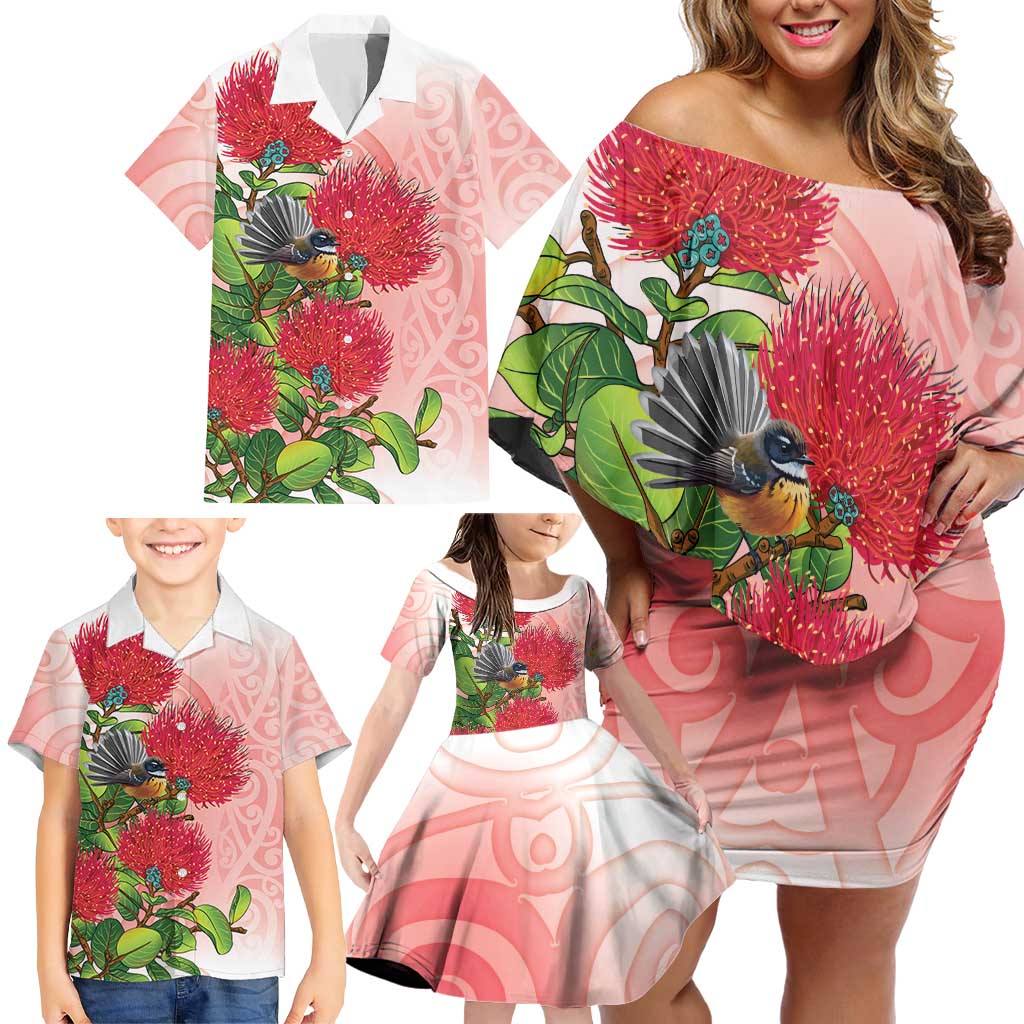 New Zealand Fantail Family Matching Off Shoulder Short Dress and Hawaiian Shirt Maori Koru With Pohutukawa Flowers - Polynesian Pride