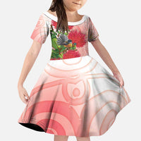 New Zealand Fantail Family Matching Puletasi and Hawaiian Shirt Maori Koru With Pohutukawa Flowers