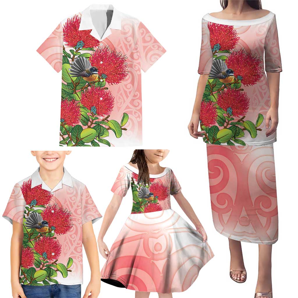New Zealand Fantail Family Matching Puletasi and Hawaiian Shirt Maori Koru With Pohutukawa Flowers - Polynesian Pride