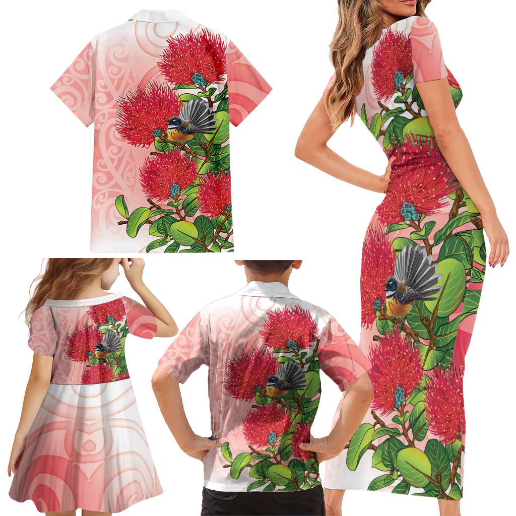 New Zealand Fantail Family Matching Short Sleeve Bodycon Dress and Hawaiian Shirt Maori Koru With Pohutukawa Flowers - Polynesian Pride