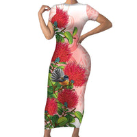 New Zealand Fantail Family Matching Short Sleeve Bodycon Dress and Hawaiian Shirt Maori Koru With Pohutukawa Flowers - Polynesian Pride