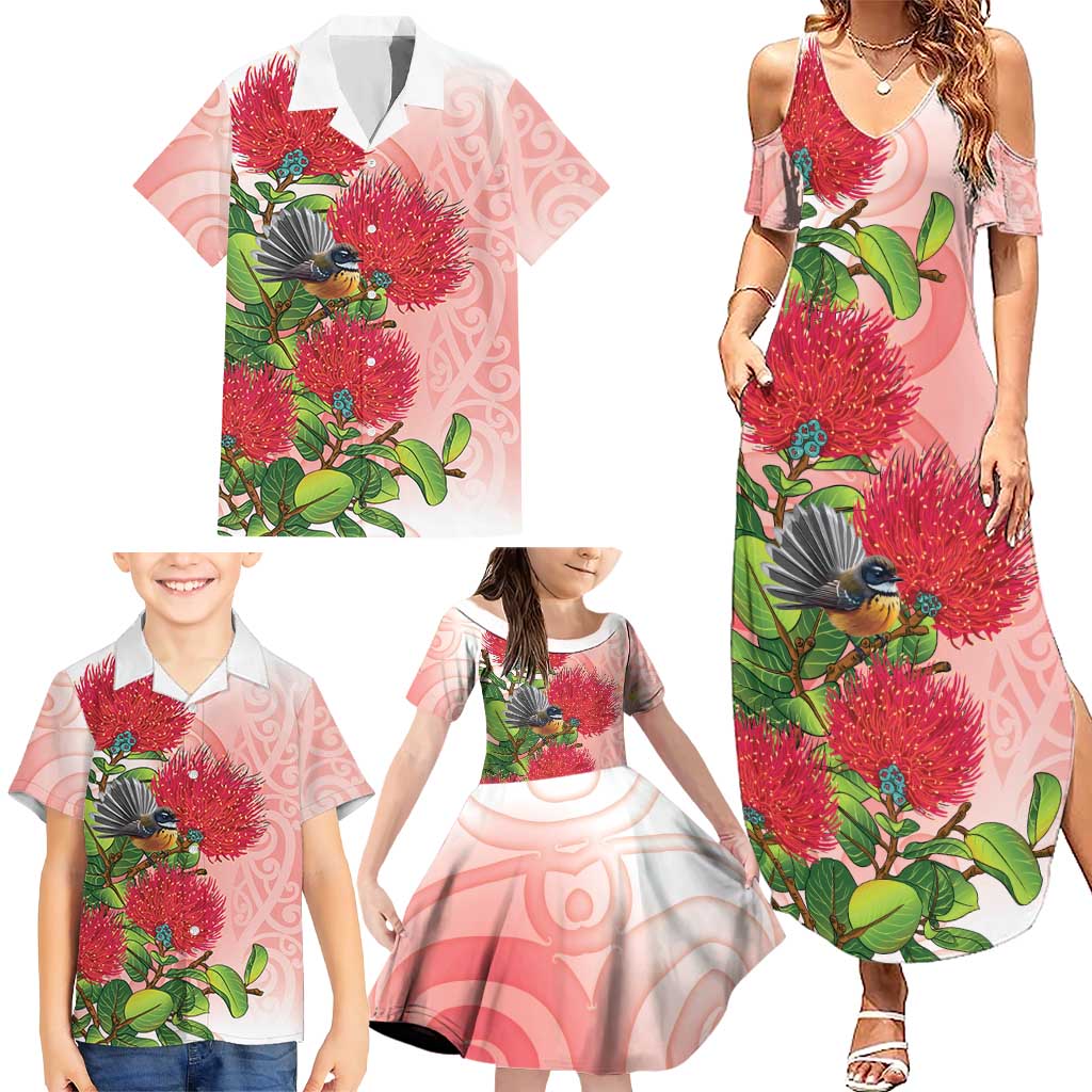 New Zealand Fantail Family Matching Summer Maxi Dress and Hawaiian Shirt Maori Koru With Pohutukawa Flowers - Polynesian Pride