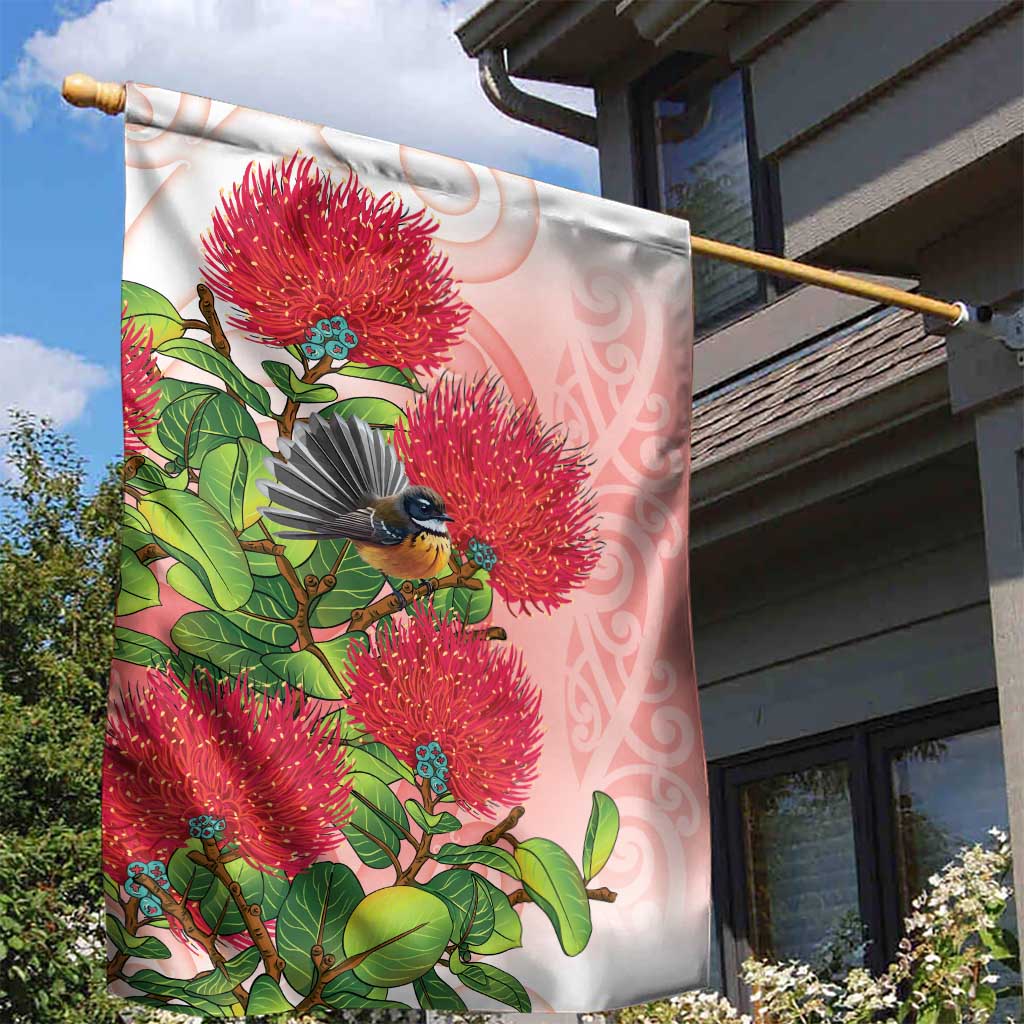 New Zealand Fantail Garden Flag Maori Koru With Pohutukawa Flowers - Polynesian Pride