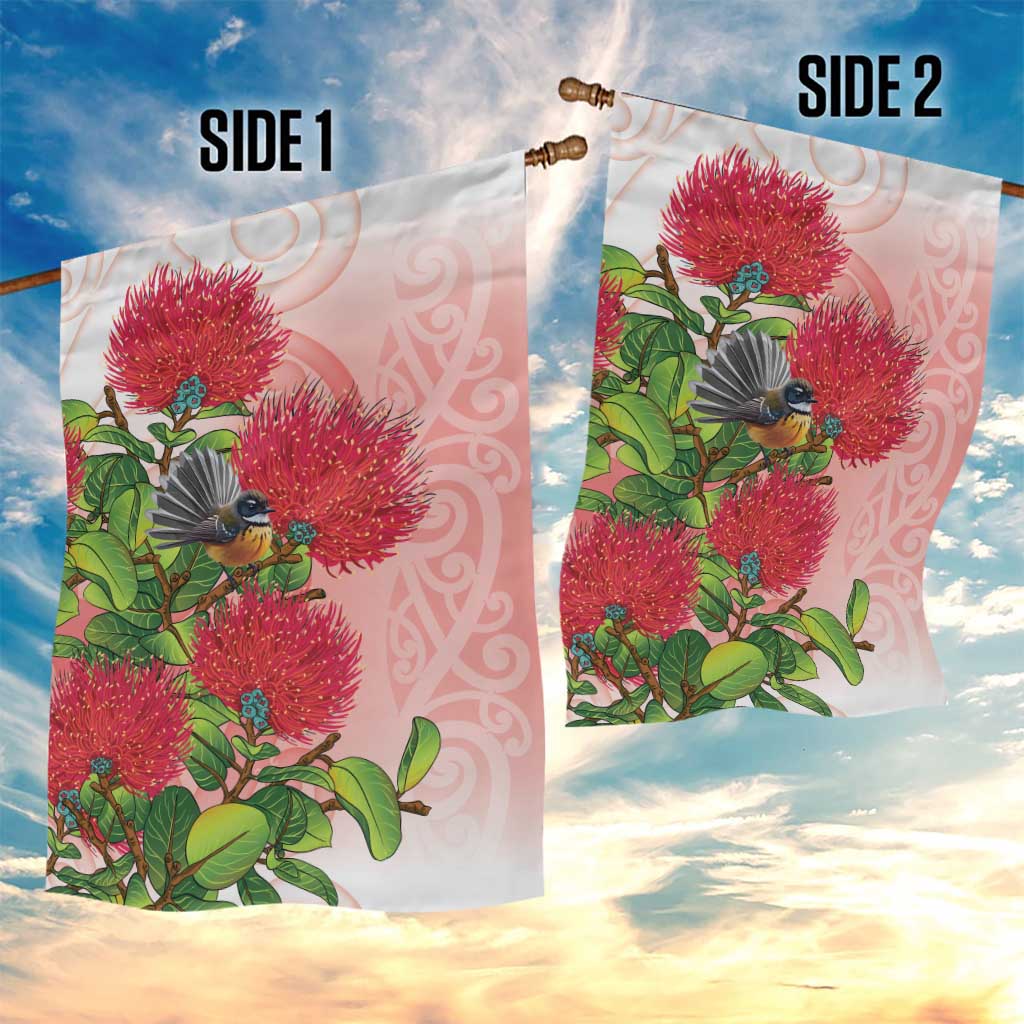 New Zealand Fantail Garden Flag Maori Koru With Pohutukawa Flowers - Polynesian Pride