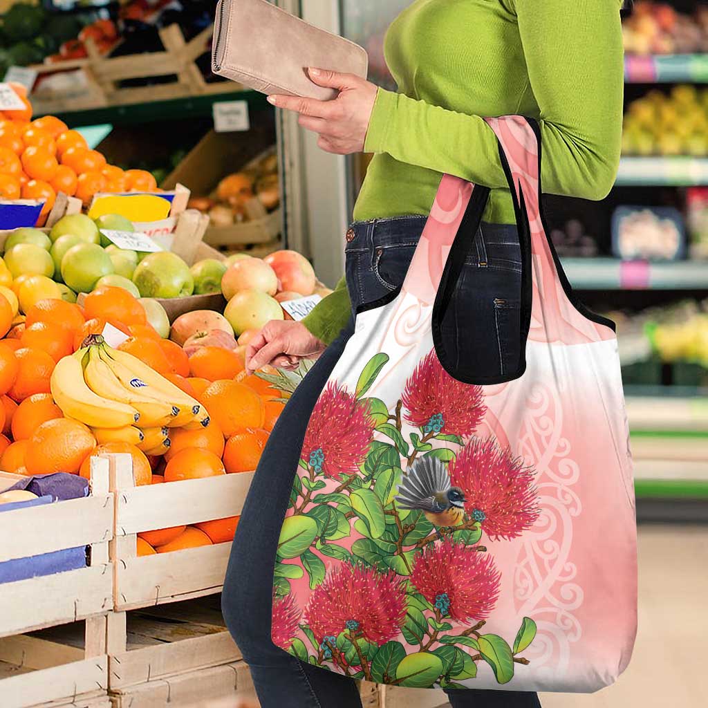 New Zealand Fantail Grocery Bag Maori Koru With Pohutukawa Flowers - Polynesian Pride