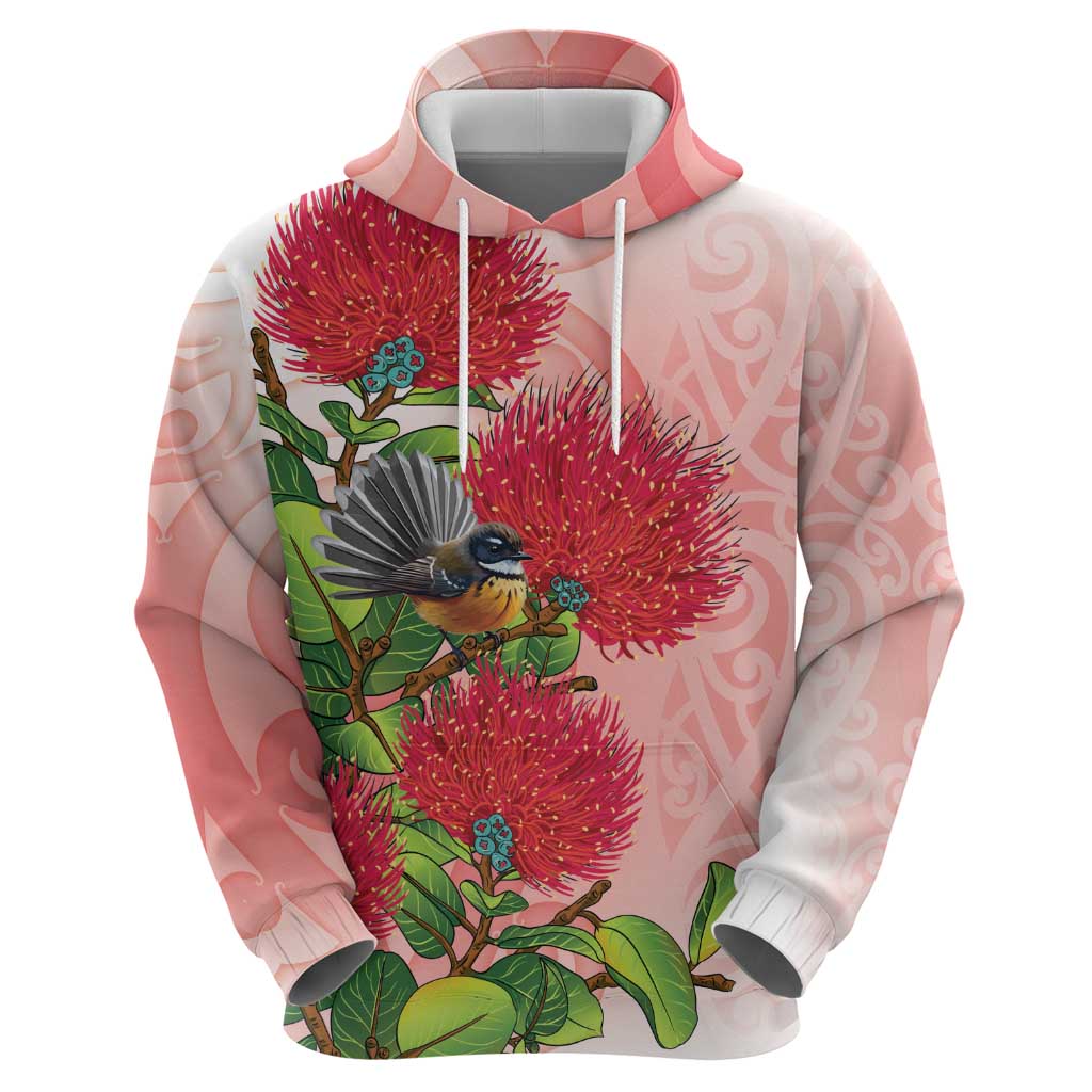 New Zealand Fantail Hoodie Maori Koru With Pohutukawa Flowers - Polynesian Pride