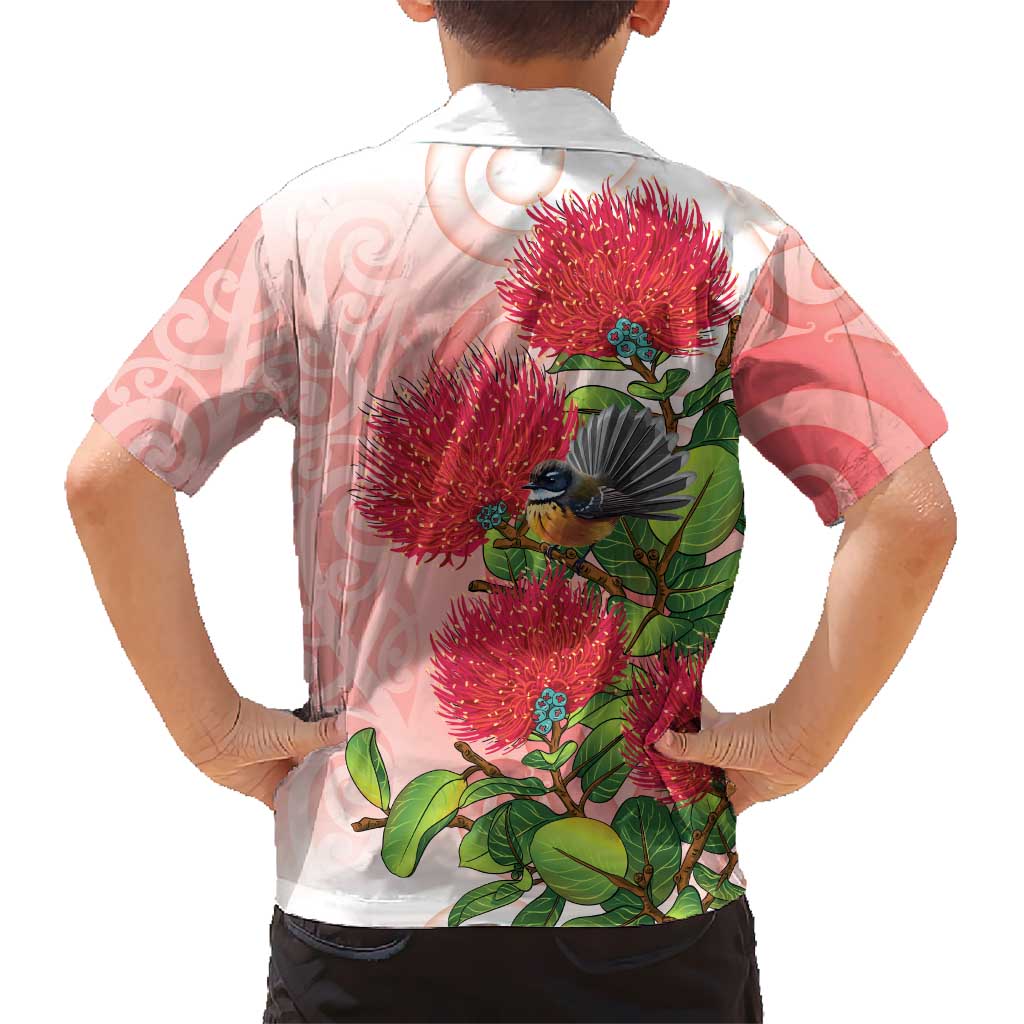 New Zealand Fantail Kid Hawaiian Shirt Maori Koru With Pohutukawa Flowers - Polynesian Pride