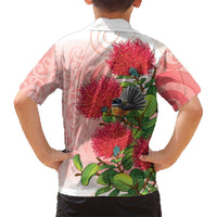 New Zealand Fantail Kid Hawaiian Shirt Maori Koru With Pohutukawa Flowers - Polynesian Pride