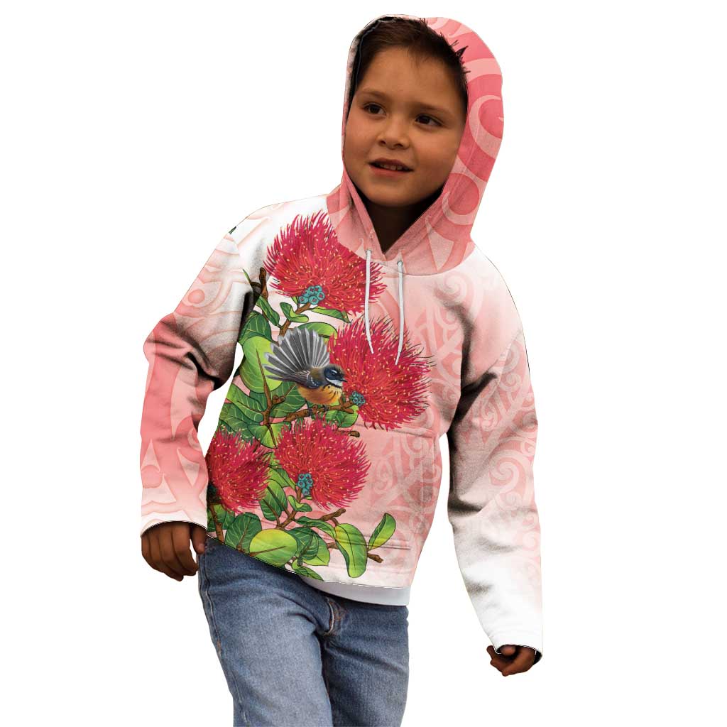 New Zealand Fantail Kid Hoodie Maori Koru With Pohutukawa Flowers - Polynesian Pride