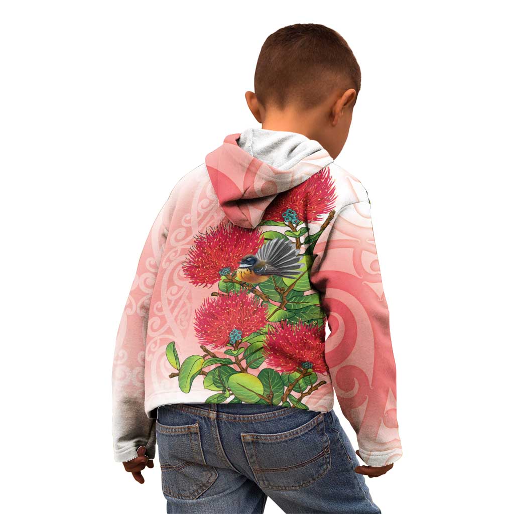 New Zealand Fantail Kid Hoodie Maori Koru With Pohutukawa Flowers - Polynesian Pride