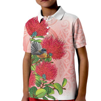 New Zealand Fantail Kid Polo Shirt Maori Koru With Pohutukawa Flowers - Polynesian Pride