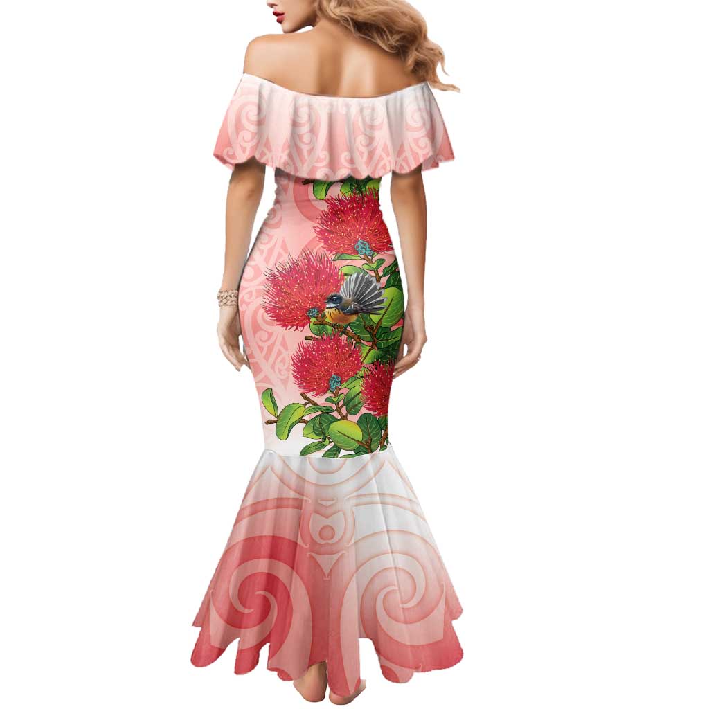 New Zealand Fantail Mermaid Dress Maori Koru With Pohutukawa Flowers - Polynesian Pride