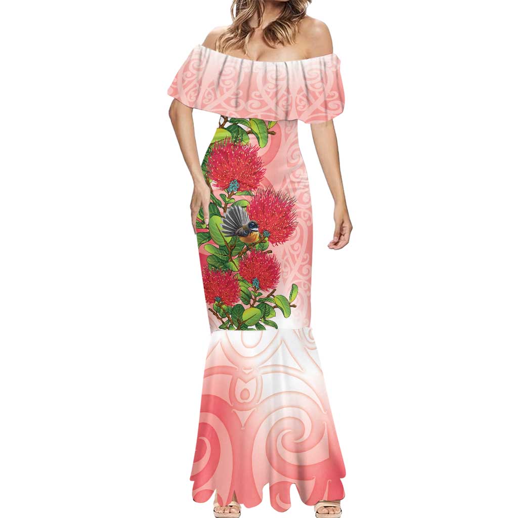 New Zealand Fantail Mermaid Dress Maori Koru With Pohutukawa Flowers - Polynesian Pride