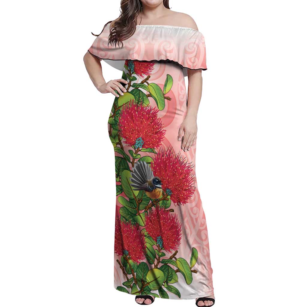 New Zealand Fantail Off Shoulder Maxi Dress Maori Koru With Pohutukawa Flowers LT05 Women Red - Polynesian Pride
