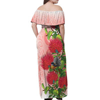New Zealand Fantail Off Shoulder Maxi Dress Maori Koru With Pohutukawa Flowers - Polynesian Pride