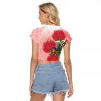 New Zealand Fantail Raglan Cropped T Shirt Maori Koru With Pohutukawa Flowers - Polynesian Pride