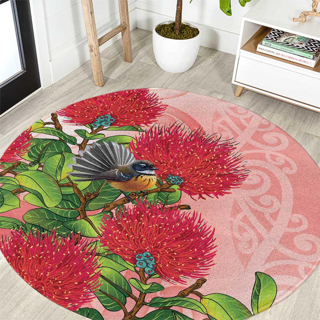 New Zealand Fantail Round Carpet Maori Koru With Pohutukawa Flowers LT05 Red - Polynesian Pride