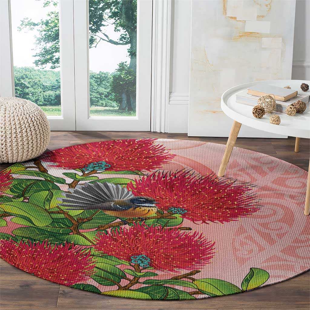 New Zealand Fantail Round Carpet Maori Koru With Pohutukawa Flowers LT05 - Polynesian Pride