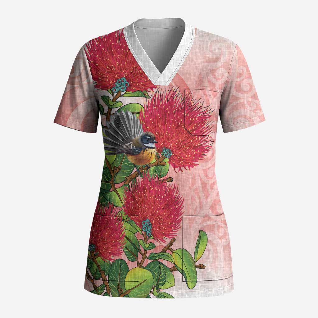 New Zealand Fantail Scrub Top Maori Koru With Pohutukawa Flowers LT05 Adult Red - Polynesian Pride