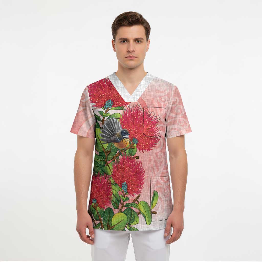 New Zealand Fantail Scrub Top Maori Koru With Pohutukawa Flowers LT05 - Polynesian Pride