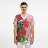 New Zealand Fantail Scrub Top Maori Koru With Pohutukawa Flowers LT05 - Polynesian Pride