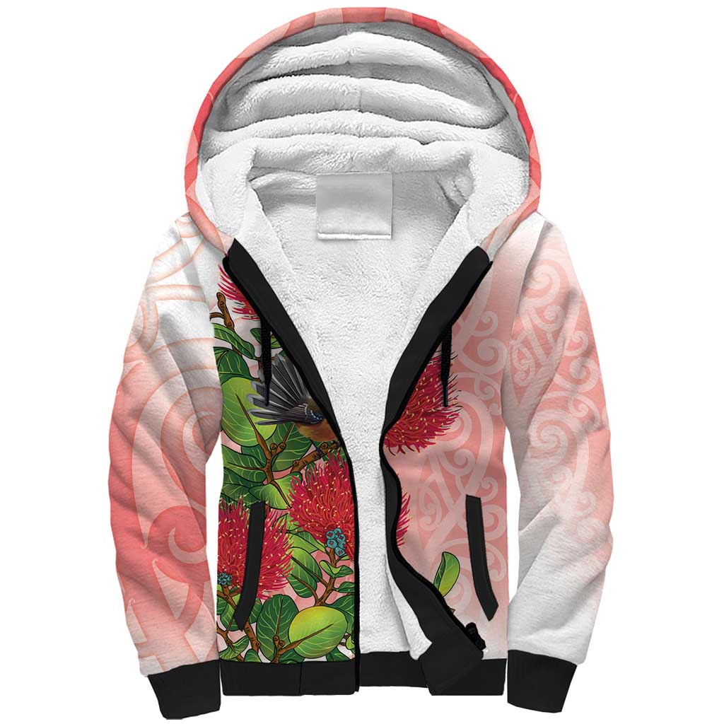 New Zealand Fantail Sherpa Hoodie Maori Koru With Pohutukawa Flowers LT05 Unisex Red - Polynesian Pride