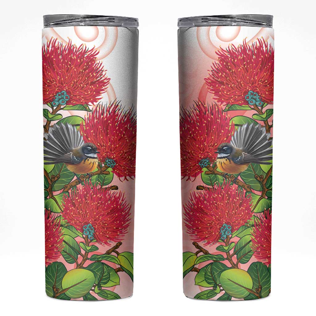 New Zealand Fantail Skinny Tumbler Maori Koru With Pohutukawa Flowers LT05 Red - Polynesian Pride