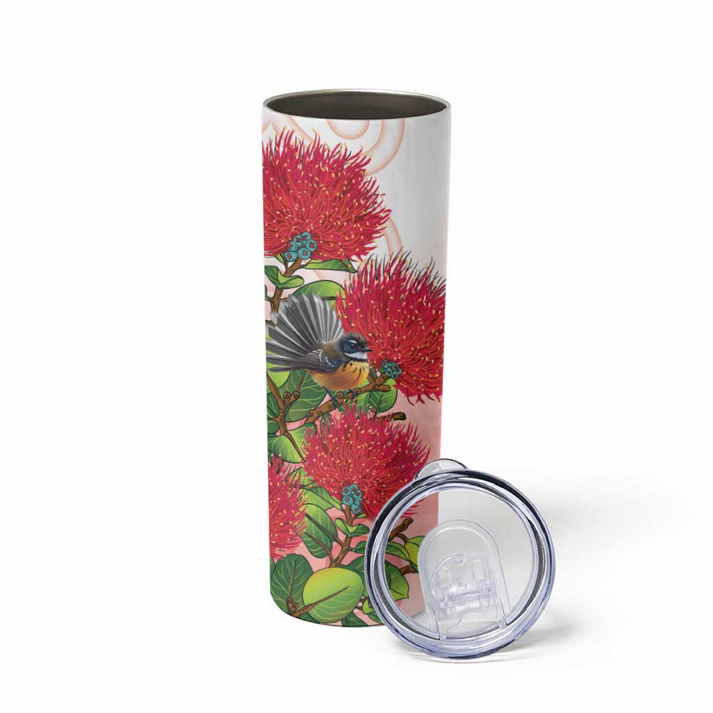 New Zealand Fantail Skinny Tumbler Maori Koru With Pohutukawa Flowers - Polynesian Pride