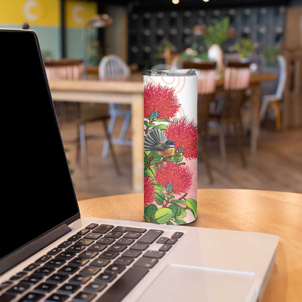 New Zealand Fantail Skinny Tumbler Maori Koru With Pohutukawa Flowers - Polynesian Pride