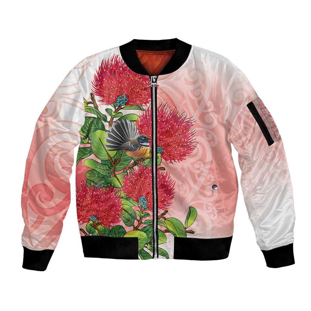 New Zealand Fantail Sleeve Zip Bomber Jacket Maori Koru With Pohutukawa Flowers LT05 Unisex Red - Polynesian Pride