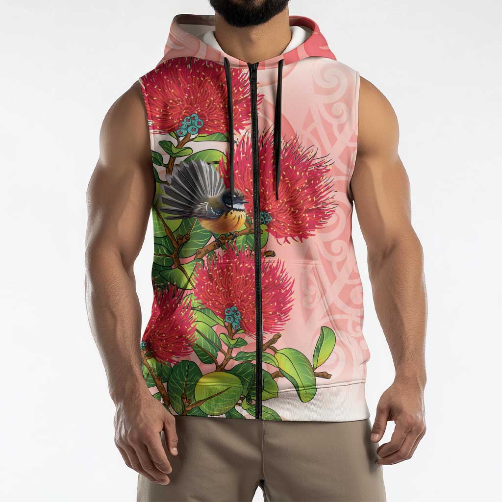 New Zealand Fantail Sleeveless Zip Hoodie Maori Koru With Pohutukawa Flowers - Polynesian Pride