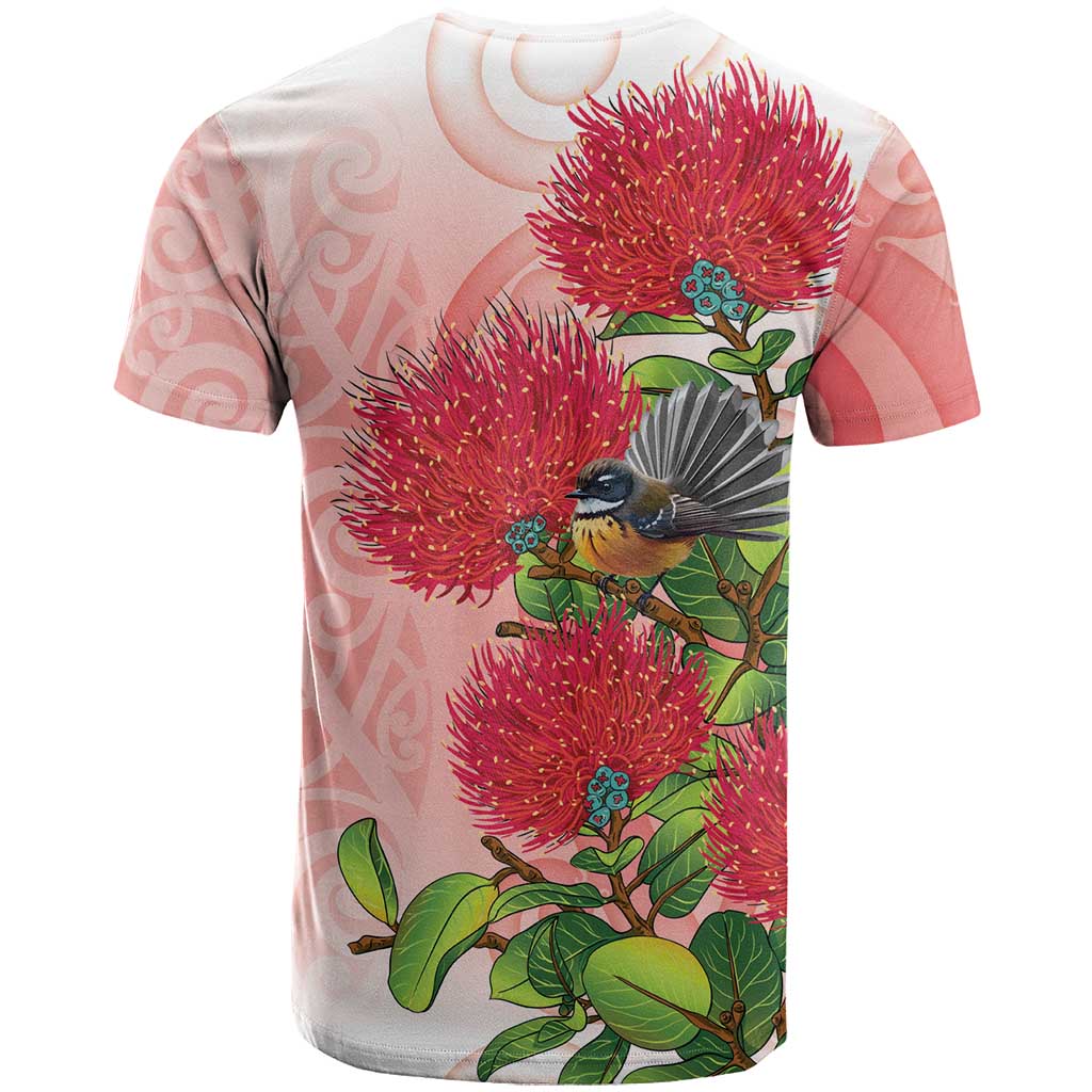 New Zealand Fantail T Shirt Maori Koru With Pohutukawa Flowers - Polynesian Pride
