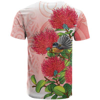 New Zealand Fantail T Shirt Maori Koru With Pohutukawa Flowers - Polynesian Pride