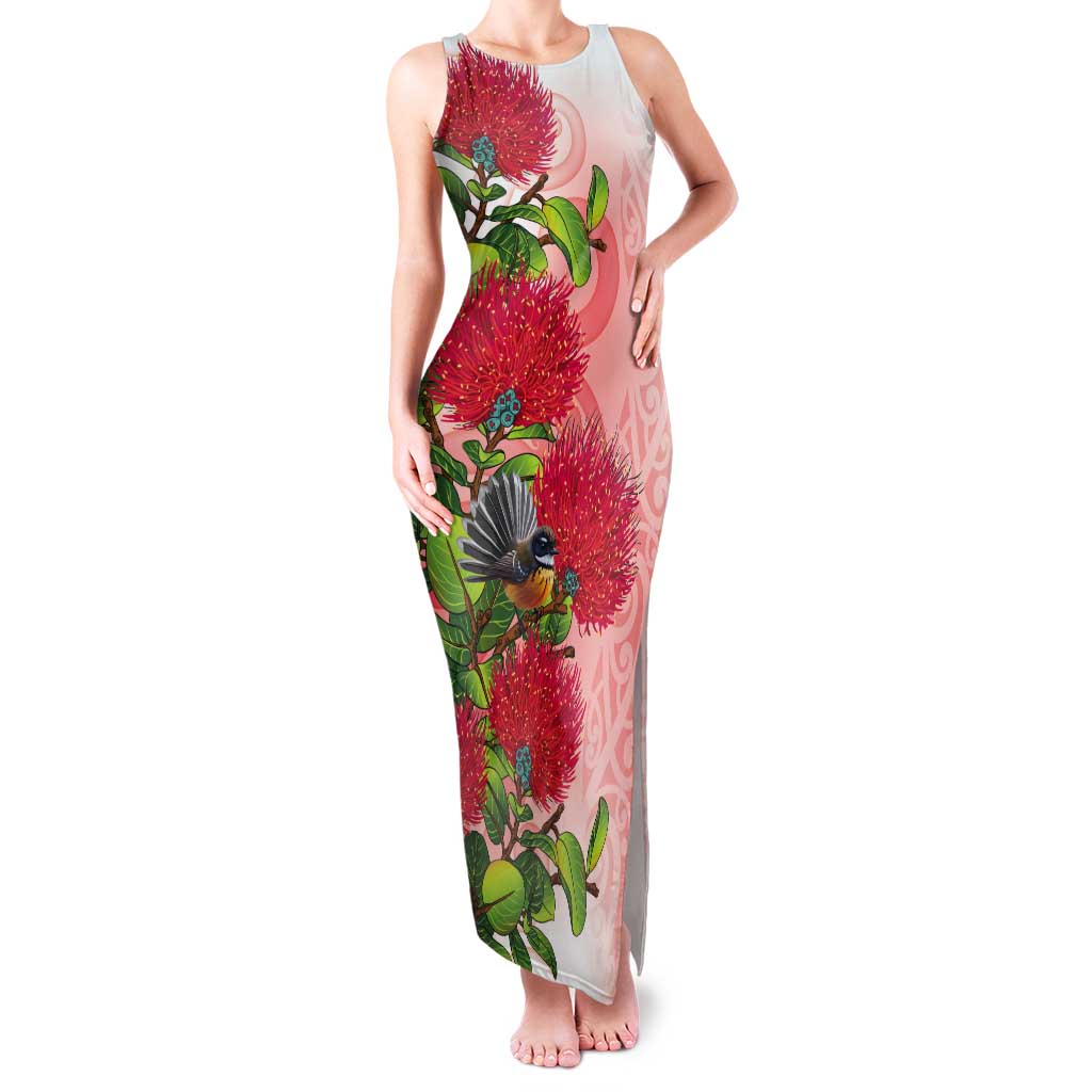 New Zealand Fantail Tank Maxi Dress Maori Koru With Pohutukawa Flowers LT05 Women Red - Polynesian Pride